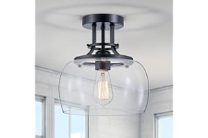WUZUPS Chandelier Rustic Farmhouse Industrial Round Semi-flushmount Ceiling LED Light Fixture with Clear Glass Shades for Bathroom Kitchen Foyer Entryway, H 10" x W 10", E26 Base, Black