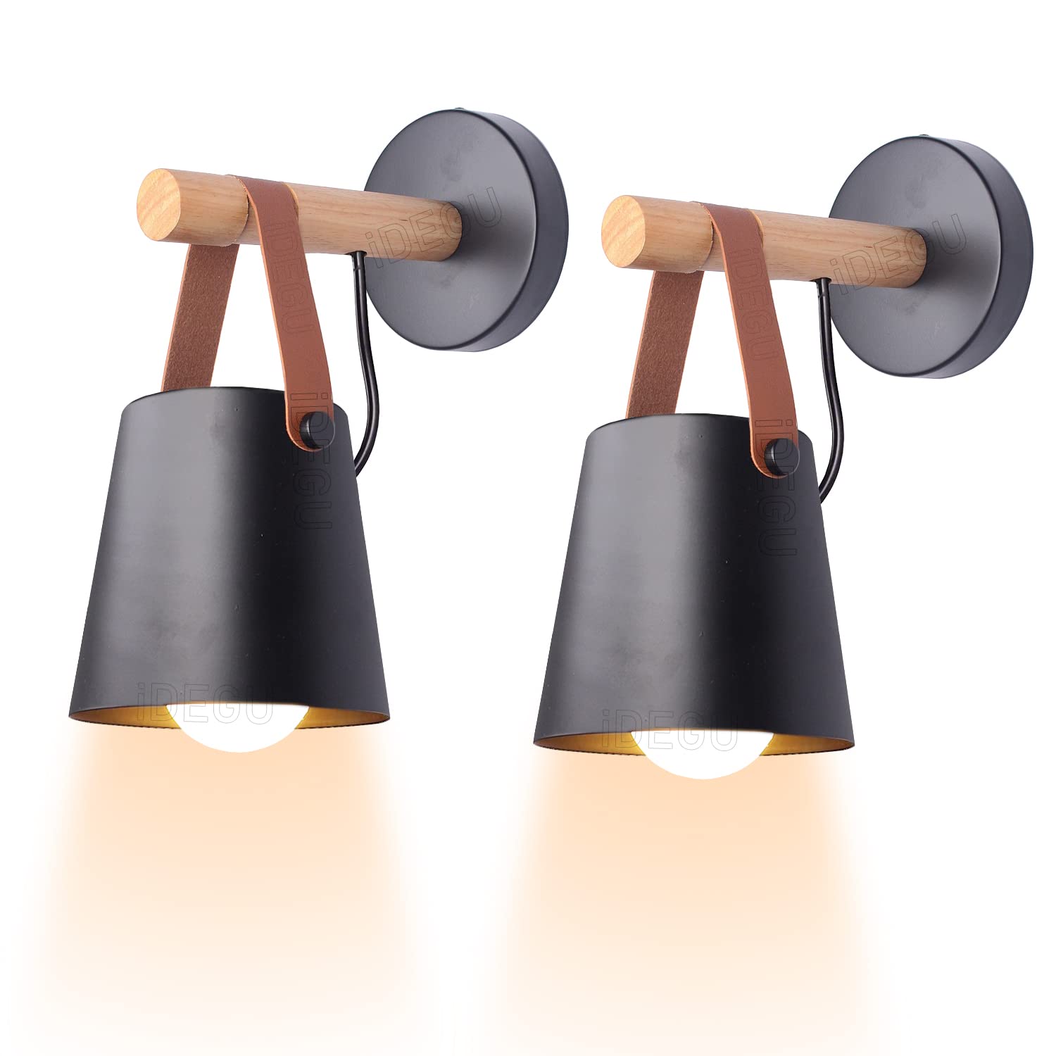 iDEGU Set of 2 Wall Lights Indoor Vintage Minimalist Modern Wall Lamp Metal Lampshade E27 Light Fixture with Wood Bracket for Bedroom Office Hallway (Black)