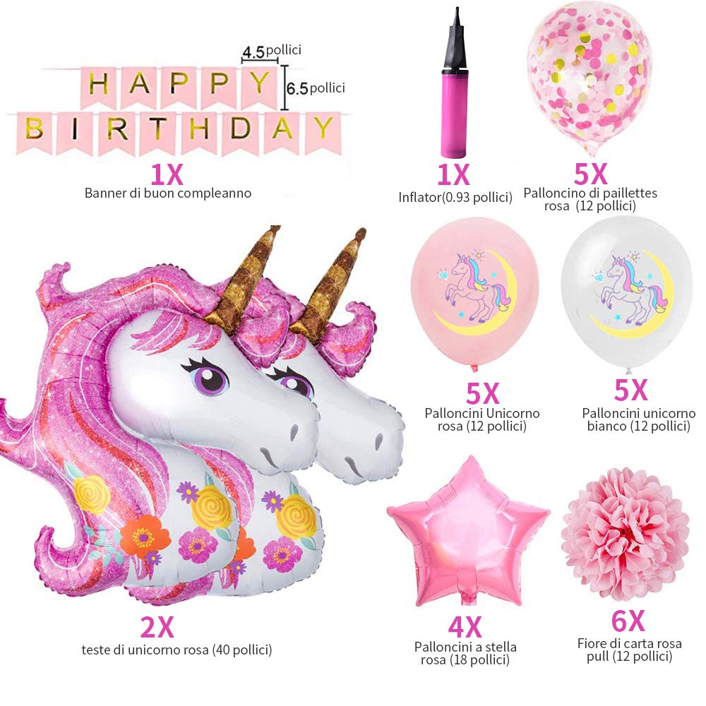 Palloncino Unicorno Decorazioni per Feste per Bambini Enormi Palloncini Lamina 3D,Happy Birthday Buon Compleanno Ballon Banner, Palloncini di Macaron in Lattice,Pompa ad Aria,Totale 29pcs