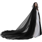 Joukavor Tulle Hooded Cape with Train Sheer Witch Cloak Long for Halloween