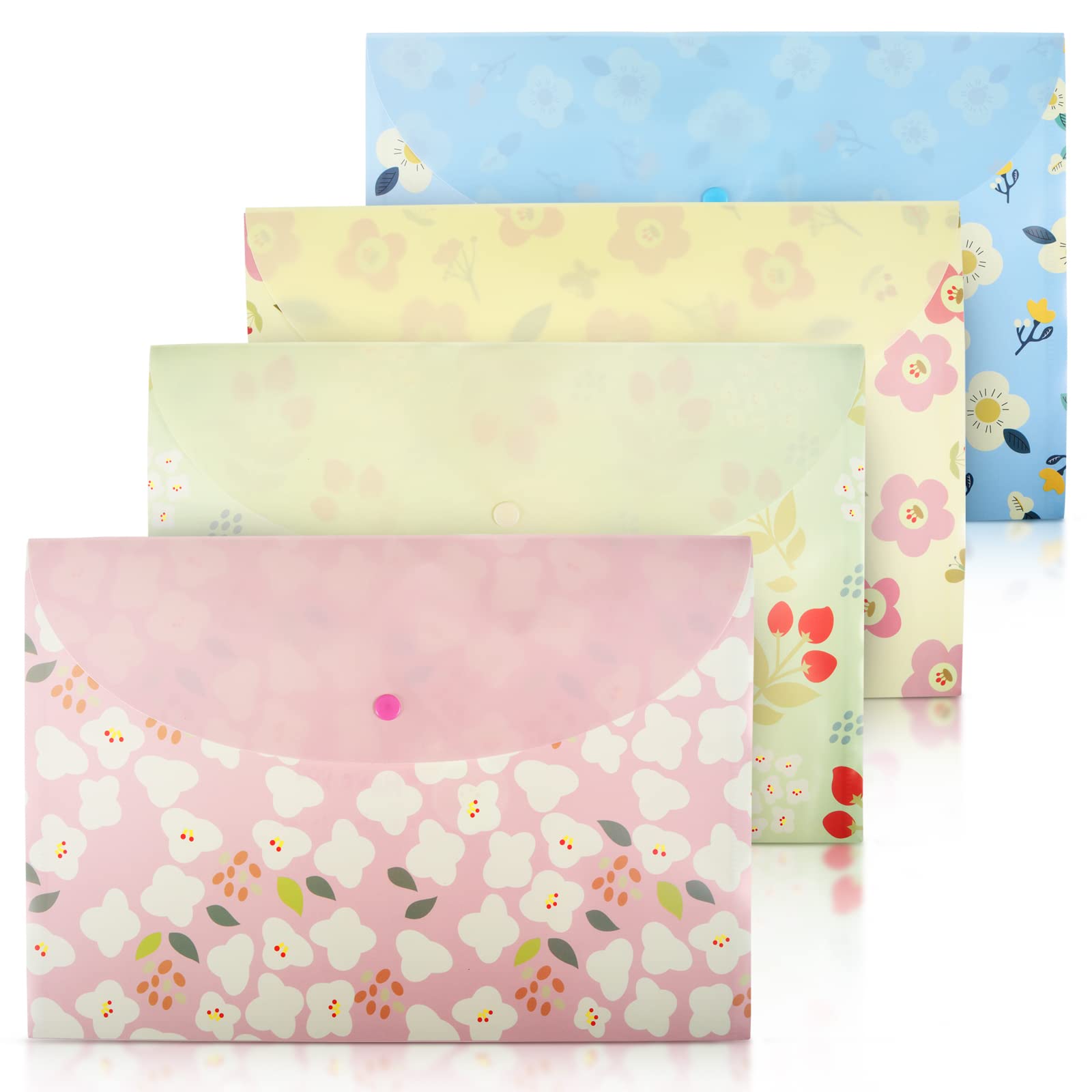 4pcs A4 Files Folder Fresh Floral Document Bag, PVC Envelope Folder Document Folder with Snap Button for School Home Work Office Organization Clear Colours Folders for Paperwork Plastic Folders