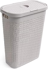 Addis Faux Rattan 40 Litre Slim Laundry Hamper with Lid Beige Calico