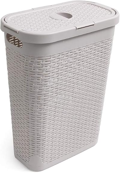 Addis Faux Rattan 40 Litre Slim Laundry Hamper with Lid Beige Calico
