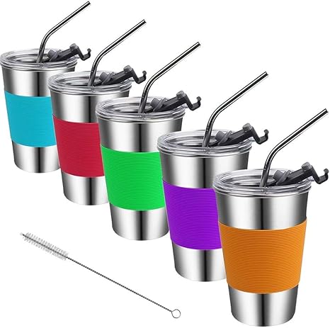 Amazon Com Kids Cups With Lids And Straws 16oz Spill Proof Kids Tumbler With Straw 18 8 Steel Unbreakable Kids Drinking Glasses With Lid Stainless Steel Toddler Sippy Cups With Lid For Kids Adults Kitchen Dining