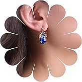 Erimberate Bohemian Teardrop Crystal Sapphire Dangle Earrings Silver Cz Flower Drop Earrings Oval Blue Sapphire Earrings Water Drop Rhinestone Stud Earrings Jewelry for Women Gifts