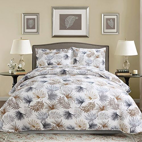 Hilin Fashion Microfiber Reversible Printing Quilt set Queen size with Shams,as Bedspread,Coverlet or Bed Cover-Soft,Lightweight and Hypoallergenic (LEAVES TORTORA, Queen)