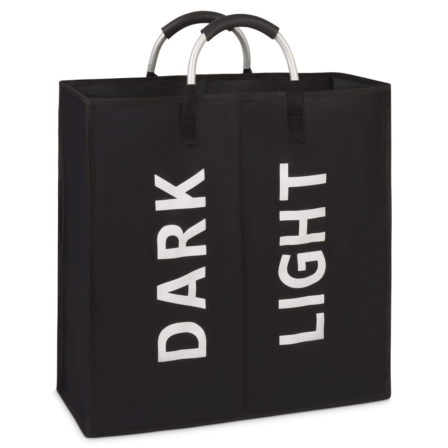 Vinsani Colour Light Dark 2 Sections Laundry Hamper Collapsible Bag Foldable Cloth Basket Portable Storage Bin with Carry Handles for Bathroom Bedroom, Black