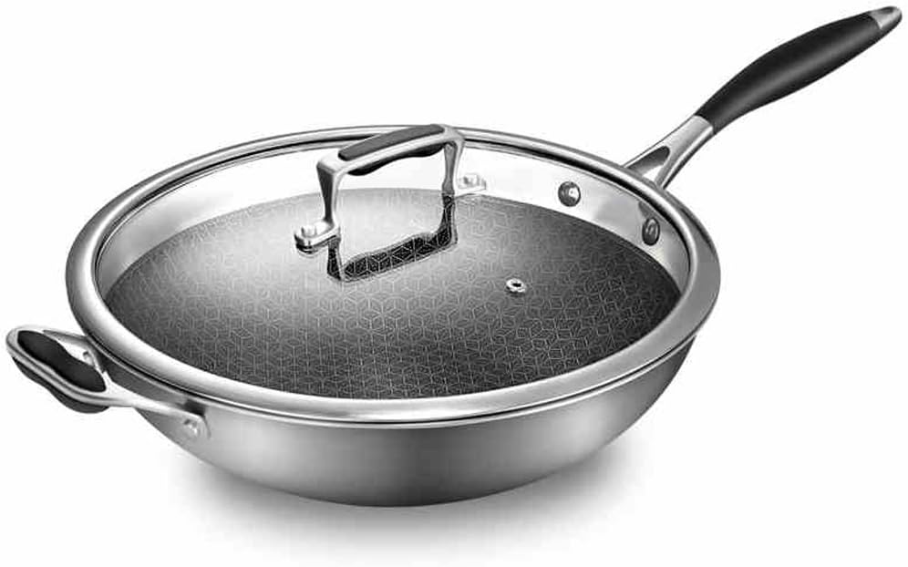304 Stainless Steel Wok Non-coated Smoke-free Flat Bottom Non-stick Cooker Induction Cooker Universal Pot 34cm
