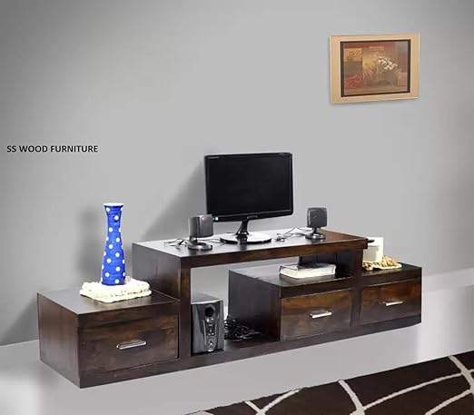 SS WOOD Furniture Sheesham Wood 1.75 Meter Dark Walnut Finish 3 Draw Nadia TV Unit Cabinet Entertainment Stand