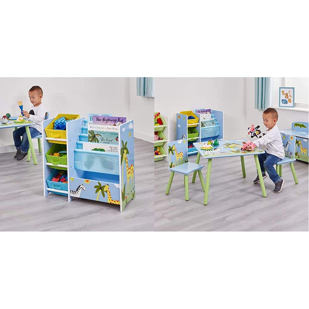 Liberty House Toys TF5007 Safari Book Display with Storage Fabric Bins, Blue, Yellow, Green & Wooden Safari Table and Two Chair Set, Engineered Wood, Blue, 40cm H W x 60cm D