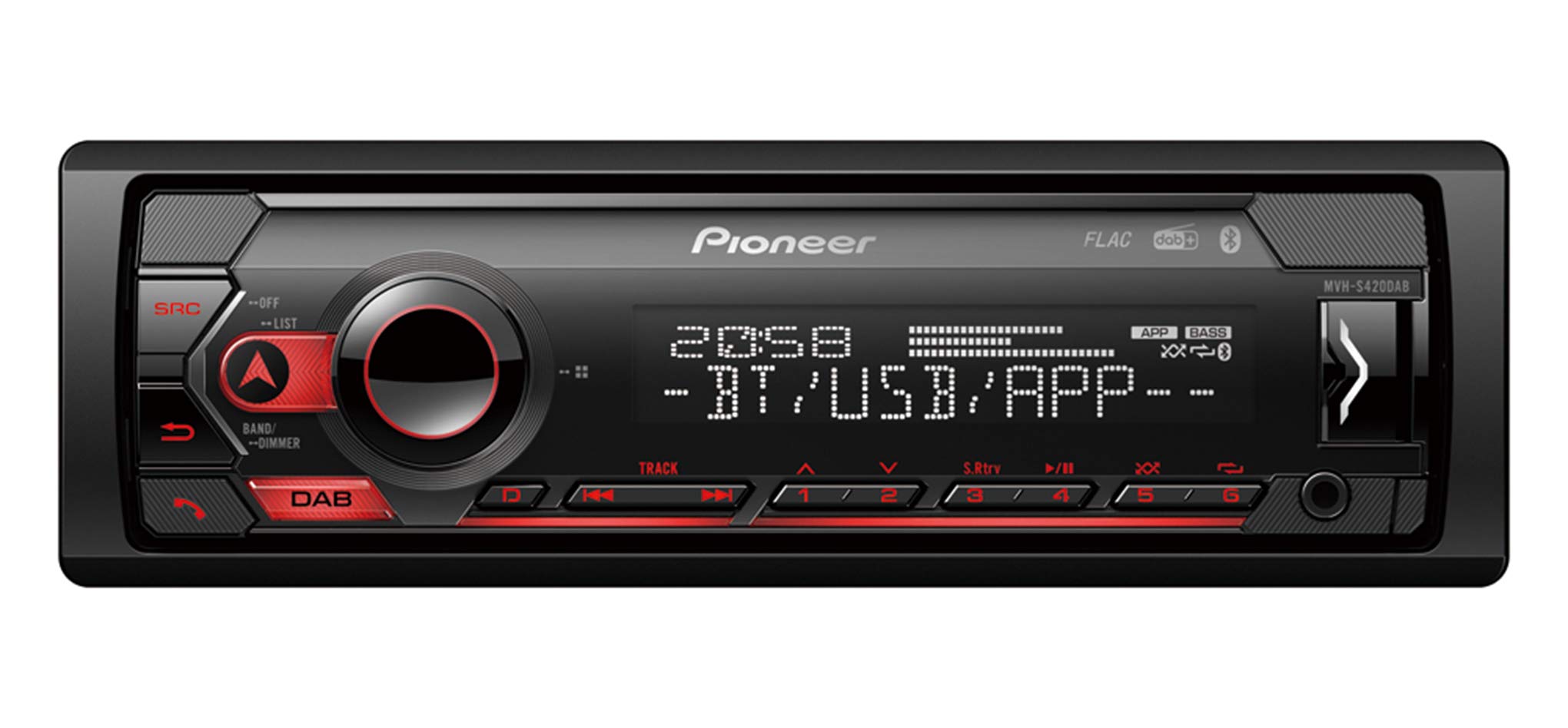 Pioneer MVH-S420DAB 1-DIN receiver with DAB/DAB+, Bluetooth, Red illumination, USB, Spotify, Pioneer Smart Sync App and compatible with Apple and Android devices.