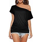 Buauty Womens Summer Off Shoulder Tops Casual Loose Short Sleeve T Shirts One Shoulder Tops Trendy Sexy Cute Tunic Tee