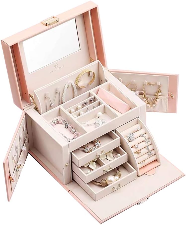 Vlando Mirrored Jewelry Box Organizer for Girls Women Vintage Gift Case - Faux Leather Jewelries Storage Display Holder, Pink: Home & Kitchen