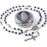 6mm Glass Pearl Catholic Rosary for Men and Women: Our Lady of Guadalupe Icon, Virgin Mary Medallion & Crucifix in Metal Gift Case,Timeless Spiritual Treasure