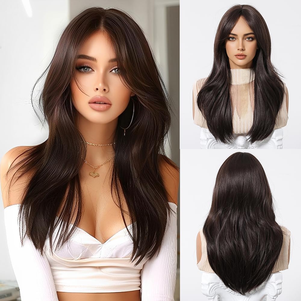 Esmee Long Straight Brown Wig for Women with Curtain Bangs Natural Synthetic Hair Wigs for Daily Party Use — image 1