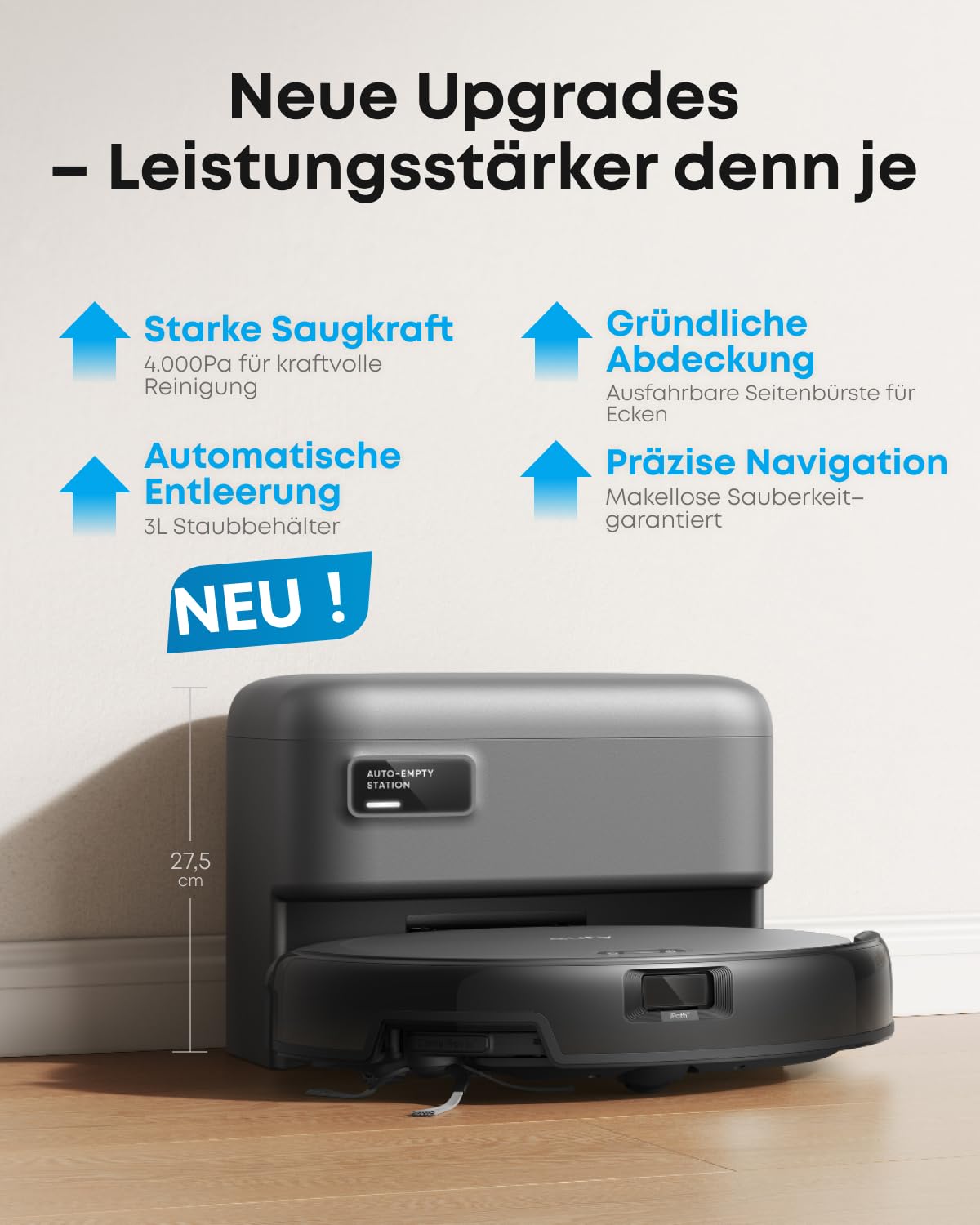 eufy C10 Saugroboter mit Automatischer Absaugstation, 7,3cm Ultraflaches Design, Teppichreinigung, Ausfahrbare Seitenbürste für Ecken, Automatische Entleerung, Punktlaser- & Infrarot-Navigation 2