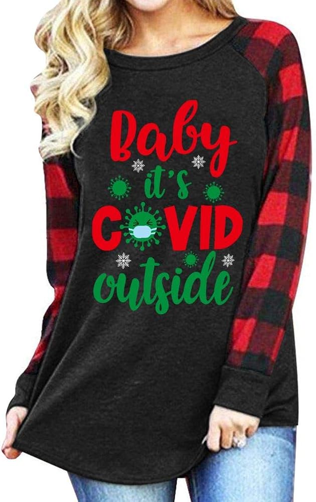 Amazon Com Baby It S C O V I D Outside Ugly Christmas Sweaters For Women Plus Size Novetly Funny Tops Clothing Funny Plus Size Christmas Sweaters