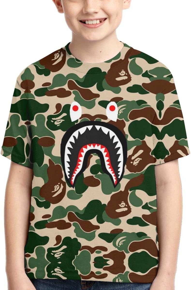 Ba-pe Army Camo Shark Face Youth T-Shirt Tees Casual Short Sleeve Funny Fashion Tops Custom Shirt for Boys Girls