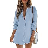 Womens Beach Cover Up Button Down Shirts Summer Cotton Gauze Tops Long Sleeve Bikini Swimsuit