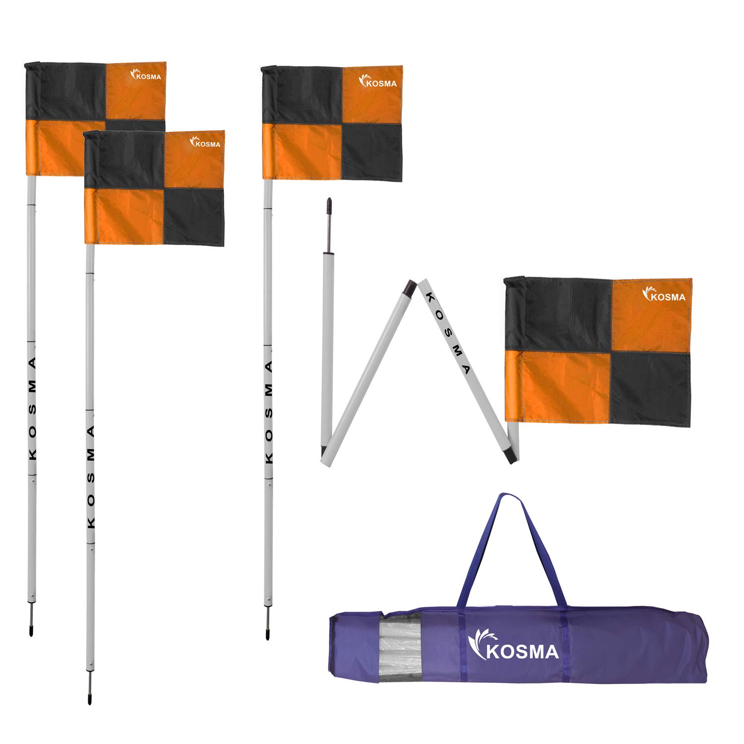 Kosma Set of 4PC Collapsible Corner Flag | Football Training Corner Foldable Flags Pole Size: 5 Ft x 25mm with Metal Spike & Orange/Black Quadrant Pattern Flags - in carry bag