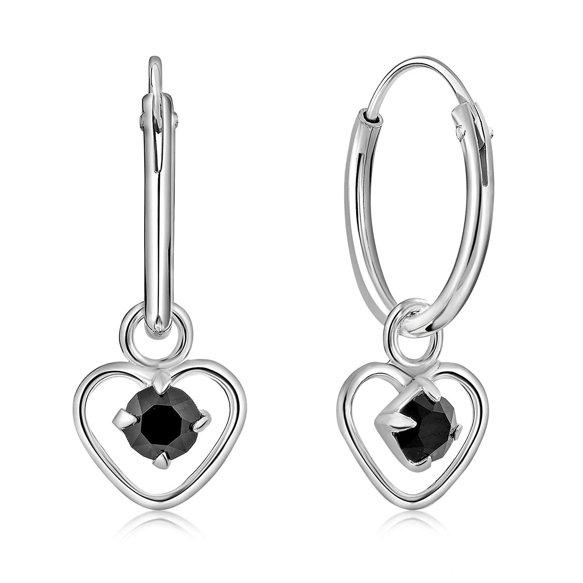 925 Sterling Silver Small Hoops Earrings with Dangling Round Crystals 3 mm - Black Earrings - Thickness 1.5 mm - Diameter: 12 mm