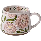 QIXCOZTI Ceramic Coffee Mug, 13oz Floral Design Pottery cute mugs, Ideal Gift for Women unique vintage pretty coffee mugs (Pink Flower)