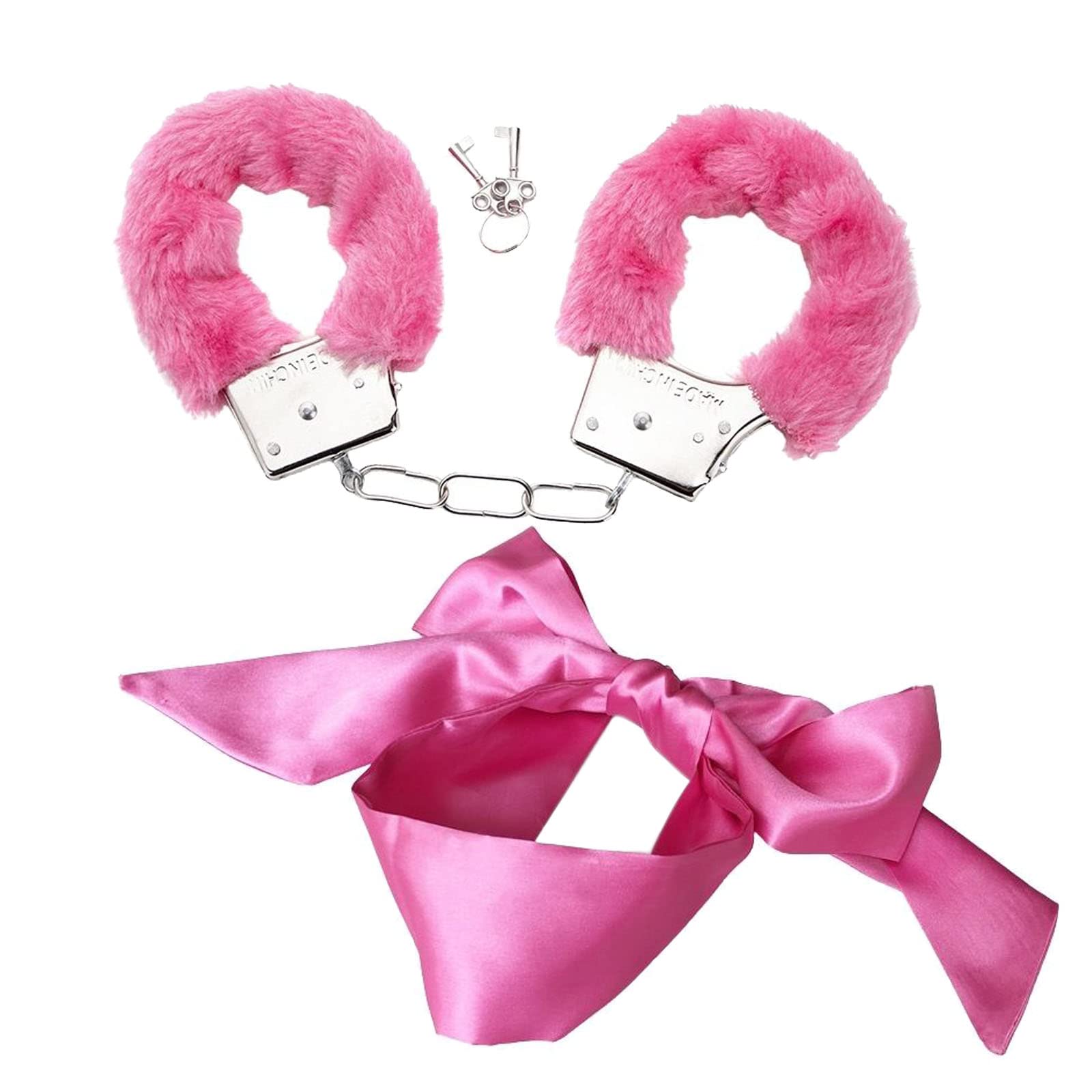 Metal Handcuffs with 2 Keys,Satin Headband Pearl Headband Satin Blindfold Play,Cosplay Costume Props for Cosplay,Handcuffs Prop Dress Ball Party (Pink)