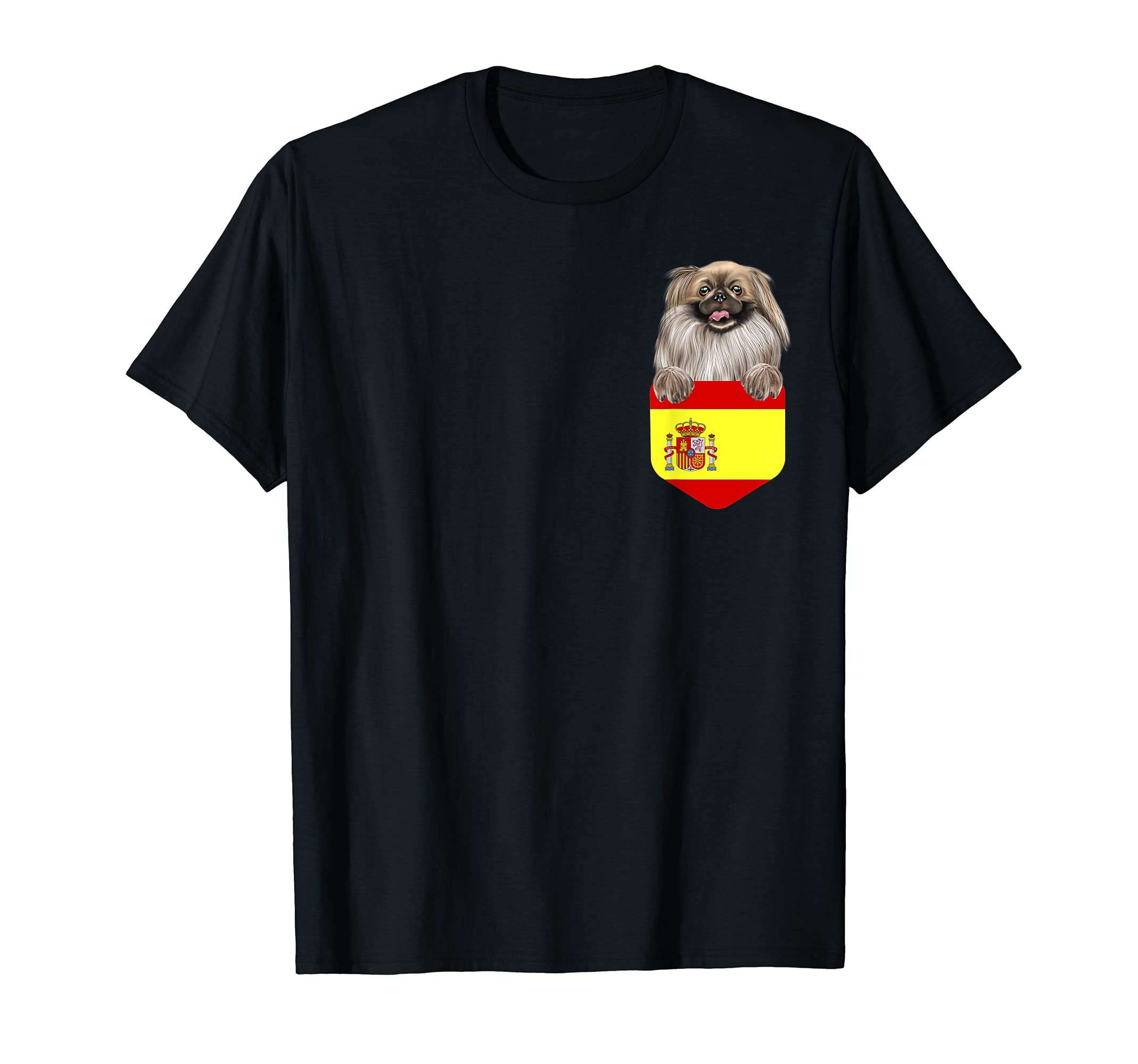 Spain Flag Pekingese Dog In Pocket T-Shirt