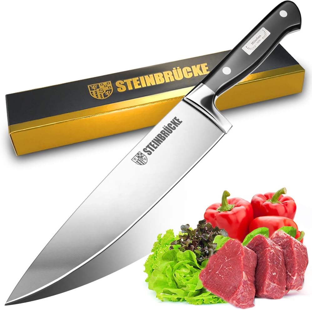 STEINBRÜCKE 10 inch Chef Knife - Pro Kitchen Knife Forged from German Stainless Steel 8Cr15Mov (HRC58), Full Tang, Ultra-sharp Classic Cooks Knife with Ergonomic Handle for Home Kitchen & Restaurant