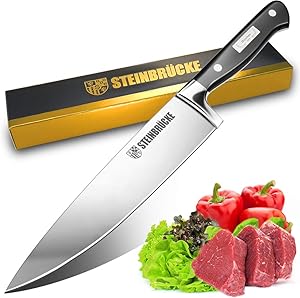 STEINBRÜCKE 10 inch Chef Knife - Pro Kitchen Knife Forged from German Stainless Steel 8Cr15Mov (HRC58), Full Tang, Ultra-sharp Classic Cooks Knife with Ergonomic Handle for Home Kitchen & Restaurant