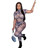 AIBEARTY Women's Printed Sheer Mesh Short Sleeve One Piece Jumpsuit Sexy See Through Backless Bodycon for Party Club