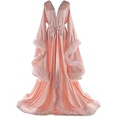 Daily Life Mall Women's Feather Bridal Robes Old Hollywood Maternity Photoshoot Nightgown Silk Bathrobe Long Lingerie