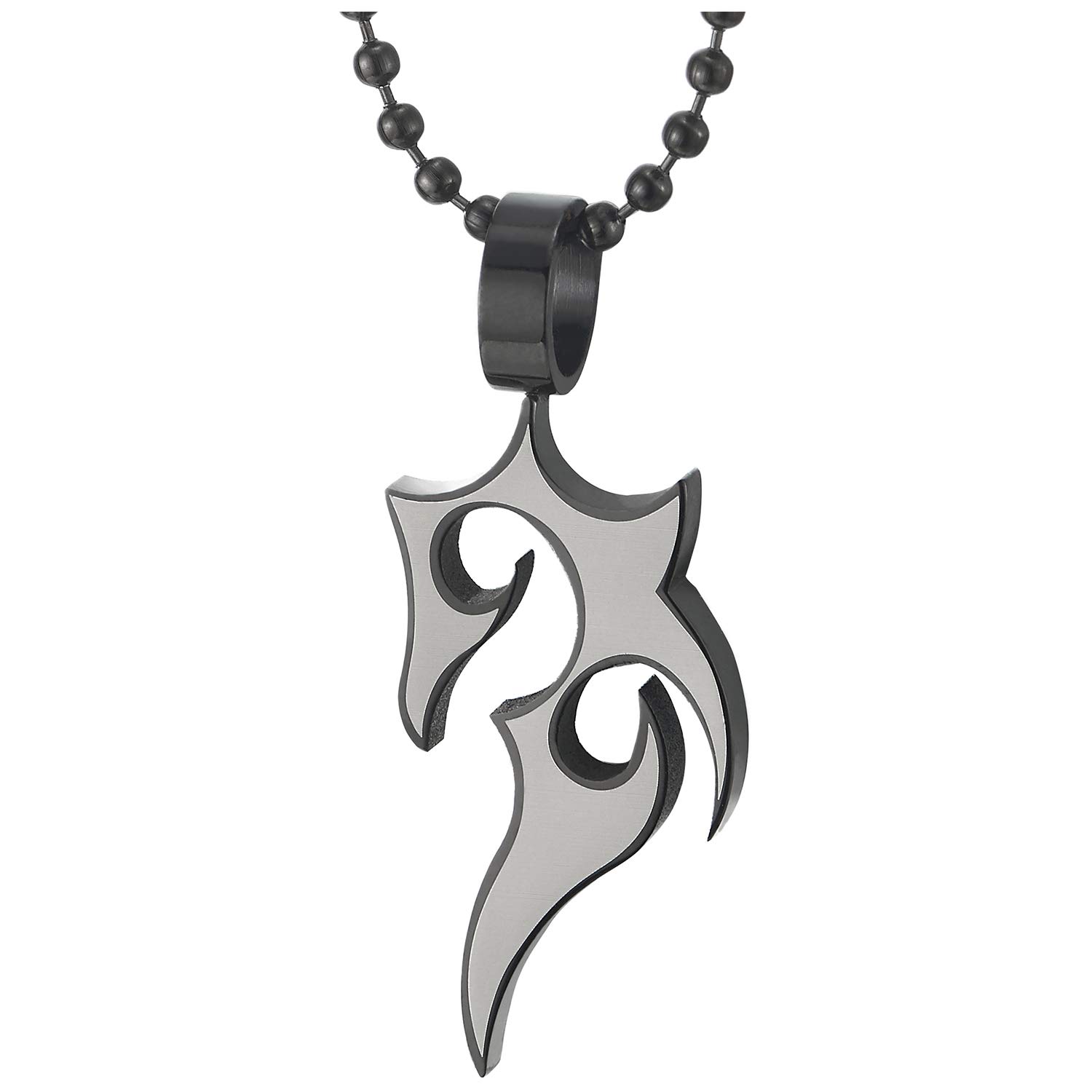 COOLSTEELANDBEYOND Mens Steel Silver Black Tribal Tattoo Flame Pendant Necklace, 23.6 in Ball Chain, Polished and Satin