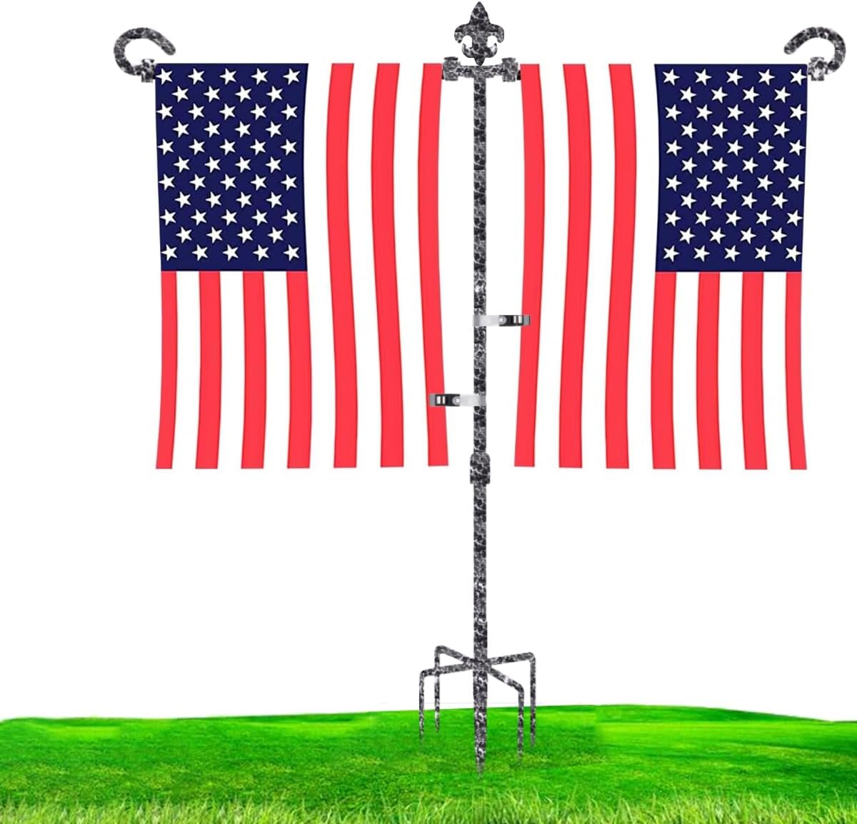 Flagpole Hardware - LAIRIES Garden Flag Stand Holder for Double Flags with Fleur De Lis Garden Flag Stopper and Anti-Wind Clip 37’’H x 30’’W Black Wrought Iron Yard Season Flag Pole for 2 Flags Outdoor