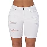 roswear Women's High Waisted Stretchy Ripped Cuffed Bermuda Denim Jean Shorts