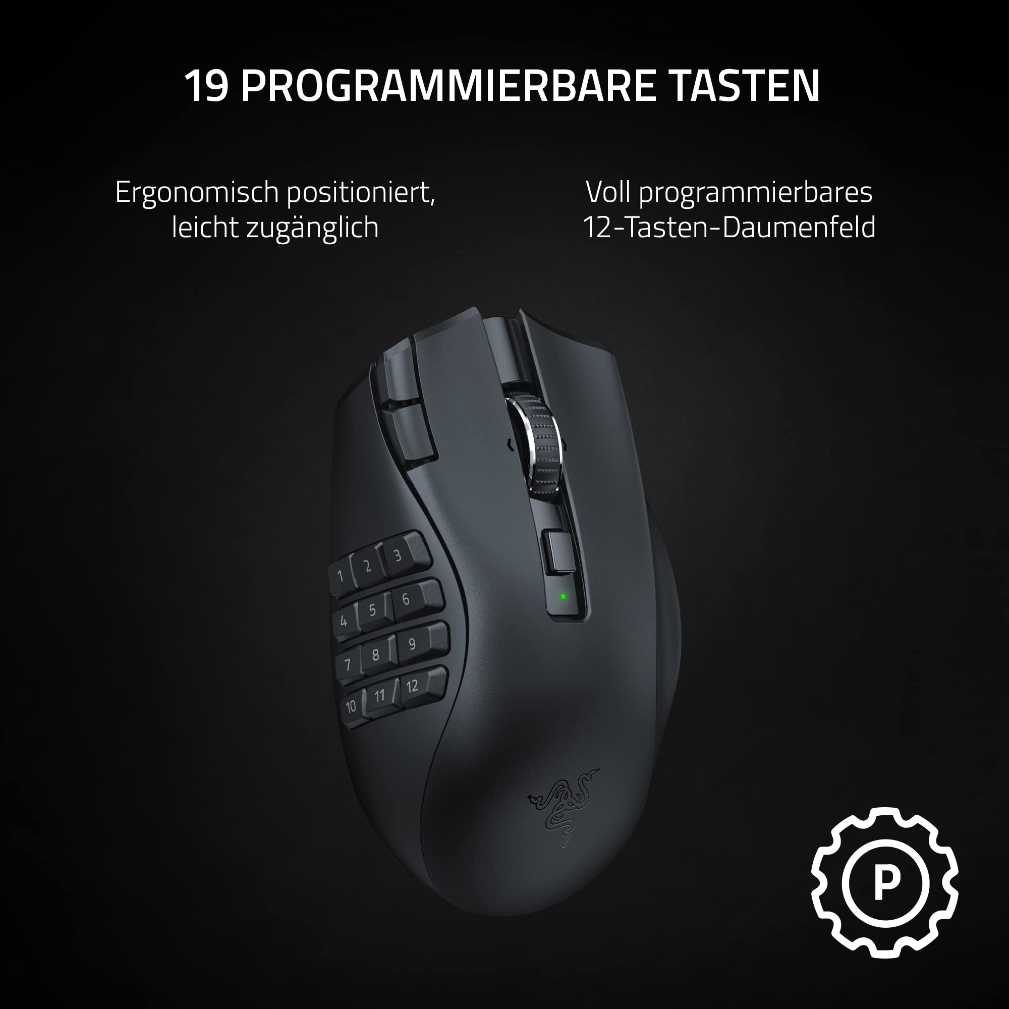 Razer Naga V2 HyperSpeed - Ergonomische Kabellose MMO Gaming Maus (19 Programmierbaren Tasten, Wireless 2,4 GHz, Bluetooth, Bis zu 250 Stunden, Focus Pro 30K Optischer Sensor) Schwarz 2