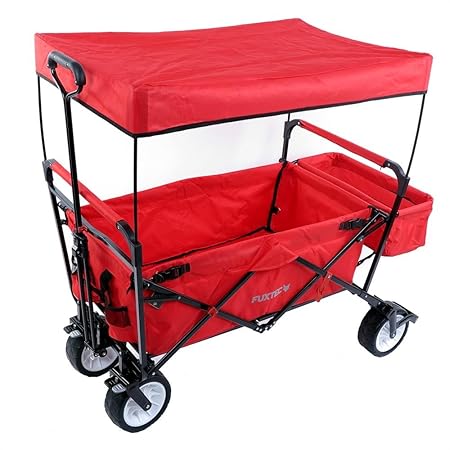 Fuxtec Faltbarer Bollerwagen JW-76C Rot klappbar mit Dach, Vorderrad-Bremse, Strand-Reifen und Lenkdeichsel, Hecktasche, für 