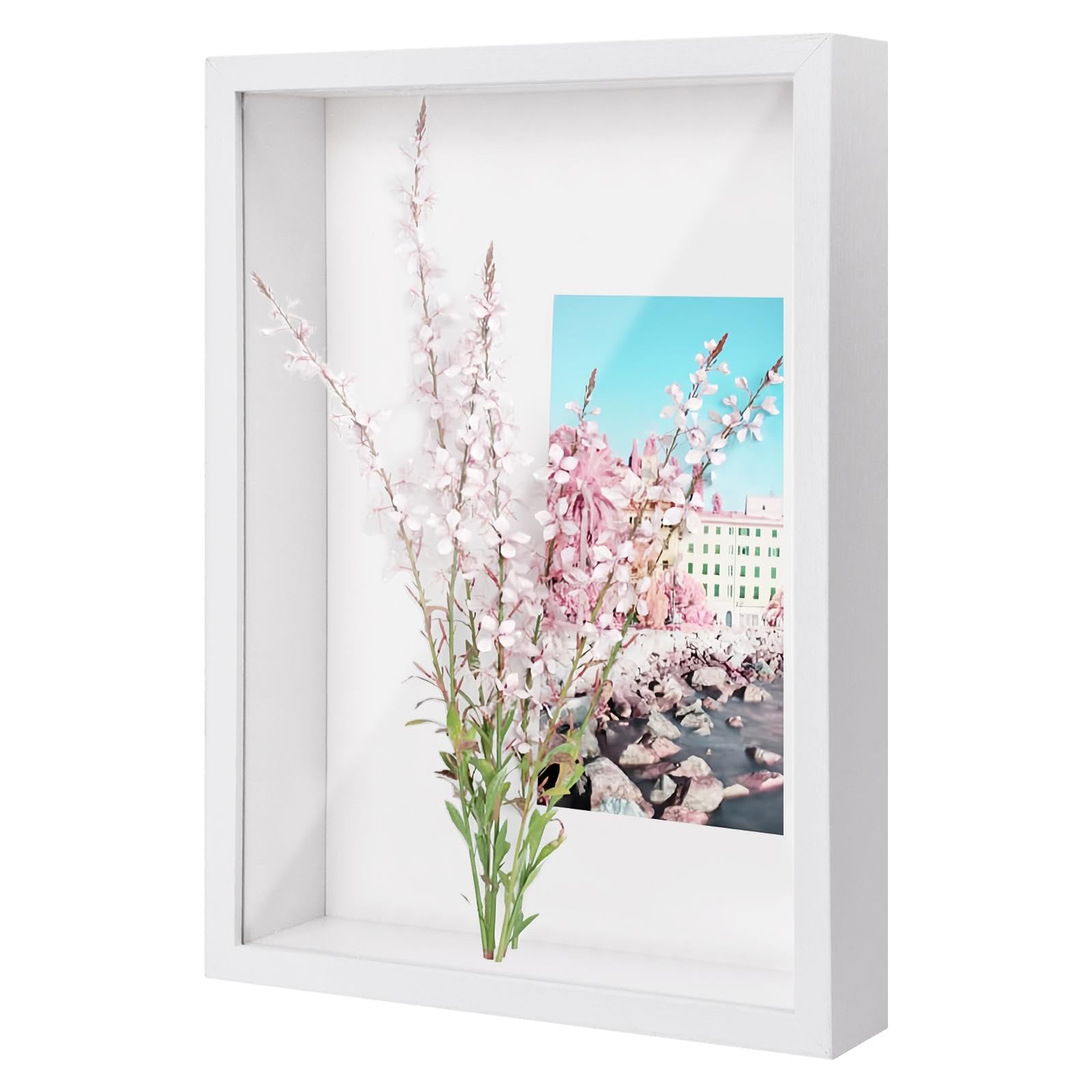 A4 3D Shadow Box Frame, 22.7x31.4cm 3D Picture Frame Shadow Deep Box for Wall and Tabletop, Wooden 3D Photo Frame Display Box for Medal Flower Tickets Crafts Memorabilia (White 3 cm)