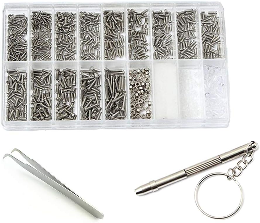 dgyl88 Screws Nut Kit 1000pcs Tiny Repair Assortment Tool Spectacles Portable Screwdriver Glasses Watch Practical Tweezer Professional Hardware Stainless Steel With Storage Box