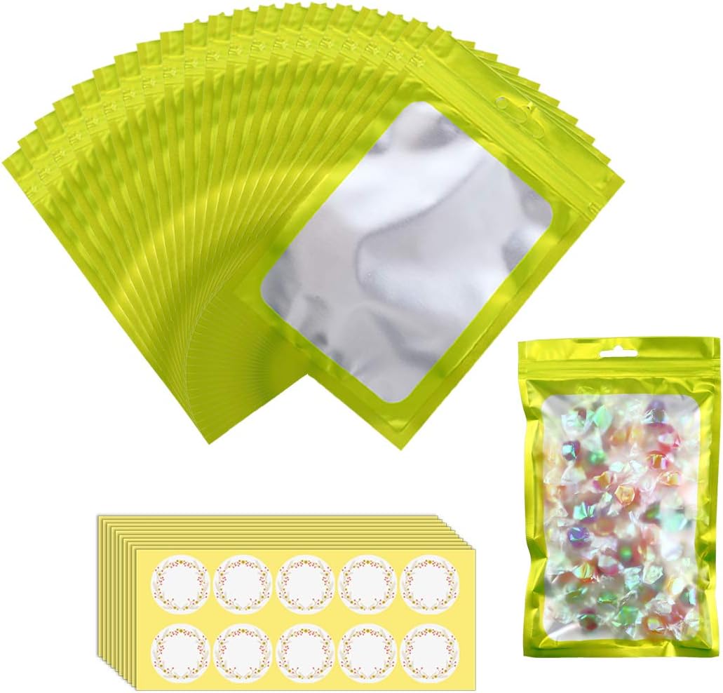 Beilecy 100 Pcs Resealable Mylar Ziplock Smell Proof Bags with 100Pcs Label Stickers Self Sealing Packaging Bags with Front Window for Candy/Food/Products, Matte Green,4 x 6 Inch