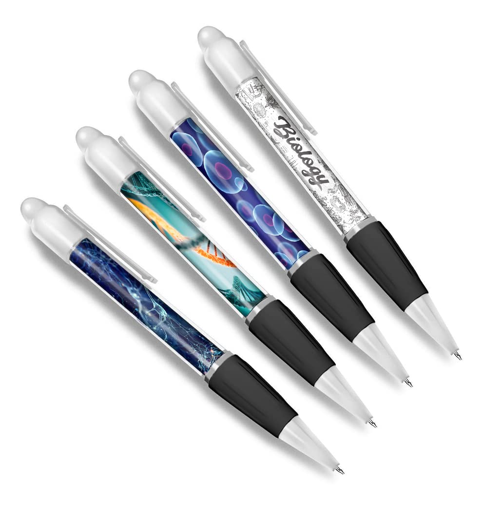 DV DESIGN Set of 4 Biology White Ballpoint Pens - Biologist Science Lover Teacher Student Teenager Themed Boys Girls Men Women Pen - Black Ink #79322