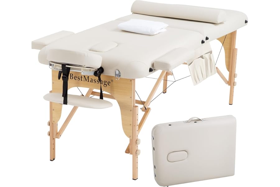 PayLessHere Massage Bed Portable Massage Table 28 inch Wide Lash Bed 2 Folding Height Adjustable PU Leather Spa Table Towel Hanger Oil Pouch Half Bolster Non-Woven Bag