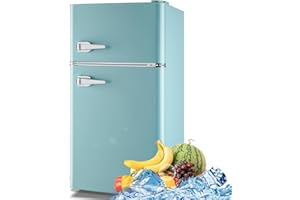 WANAI 3.5 Cu.ft Retro Mini Fridge with Freezer Small Retro Dual Door Refrigerator Freestanding Compact Refrigerator with Freezer 2 Door Mini Fridge for Bedroom, Dorm, Office Blue