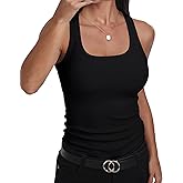 GEMBERA Womens Ribbed Knit Square Neck Racerback Sleeveless Fitted Basic Work Out Tank Top Shirt