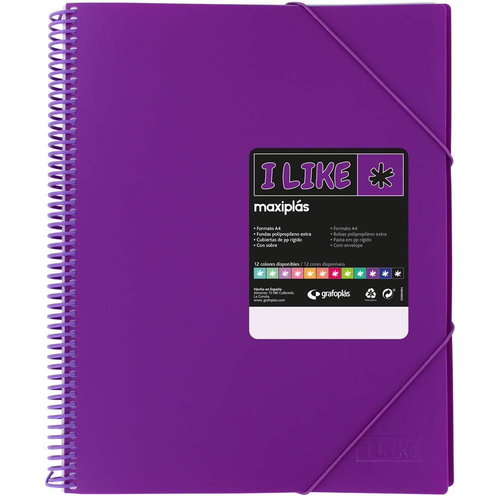Grafoplás 39825235 Spiral Cover Folder, 50 Transparent Covers, Purple, A4, Rigid Opaque Polypropylene Covers, Maxiplas Like