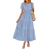 ZESICA Women's Summer Casual Short Sleeve Midi Dresses 2026 V Neck Elastic Waist Tiered Flowy Boho Dress with Pocket