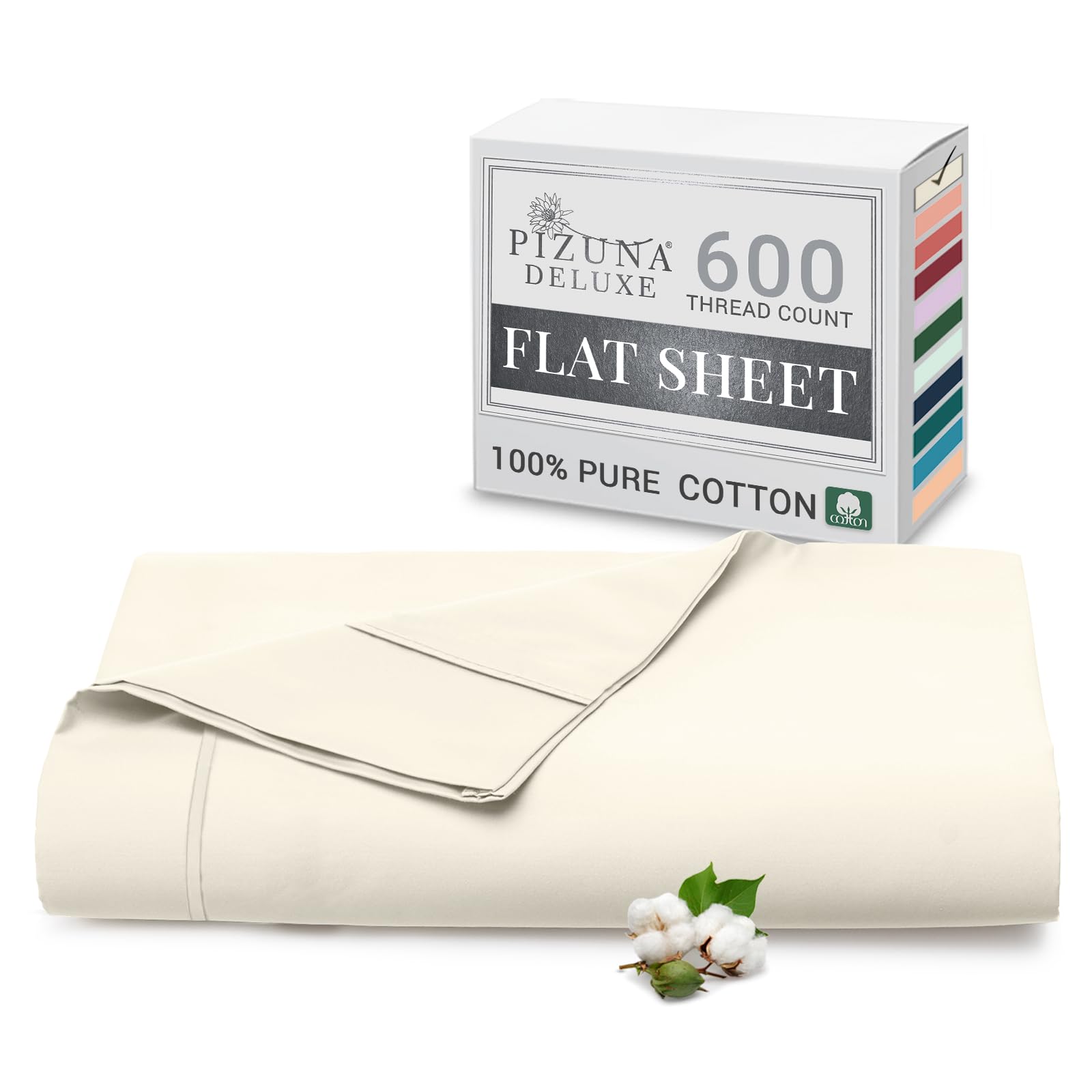 Pizuna Pure Combed Cotton Double Flat Sheet Ivory, 600 Thread Count Long Staple Brushed Cotton Flat Sheets Double, Cool Sateen Weave Flat Sheet Double Bed (Cotton Flat Sheet Double 1 PC) — image 1