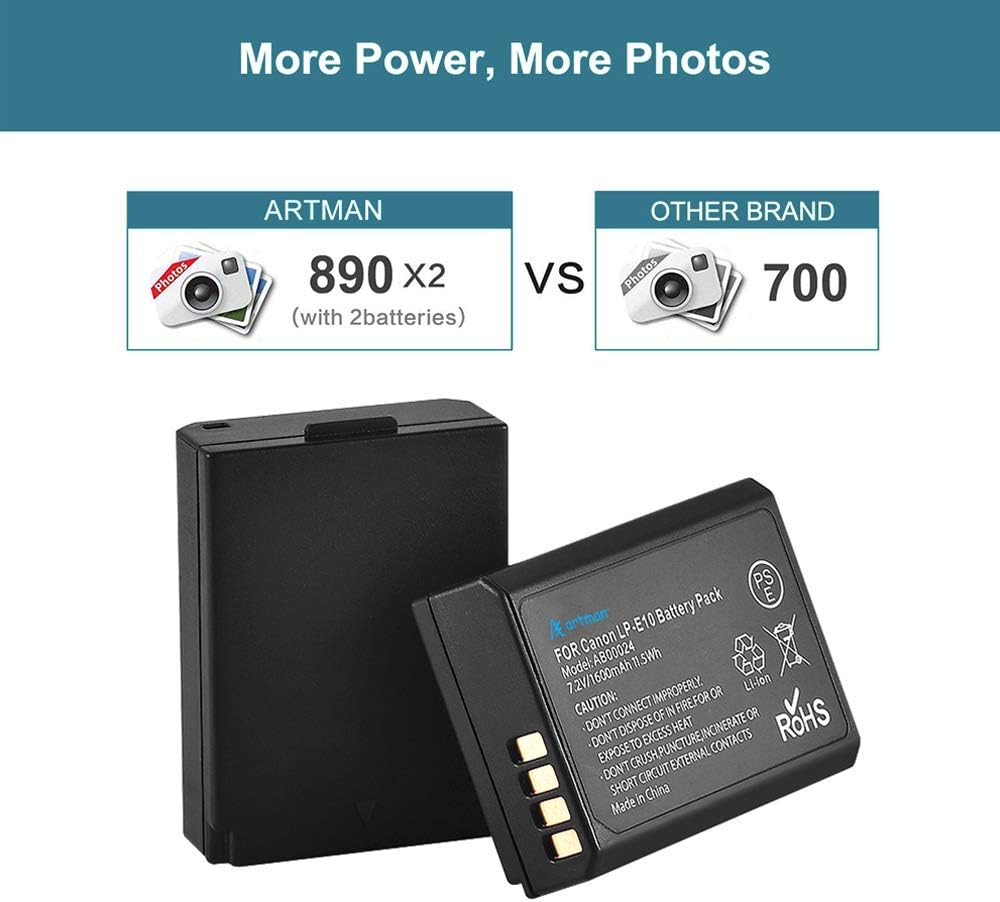 Artman LP-E10 Battery 2-Pack 1600mAh and Rapid Dual USB Charger for Canon LP E10, EOS Rebel T7 T6 T5 T3 T100 - Image 4