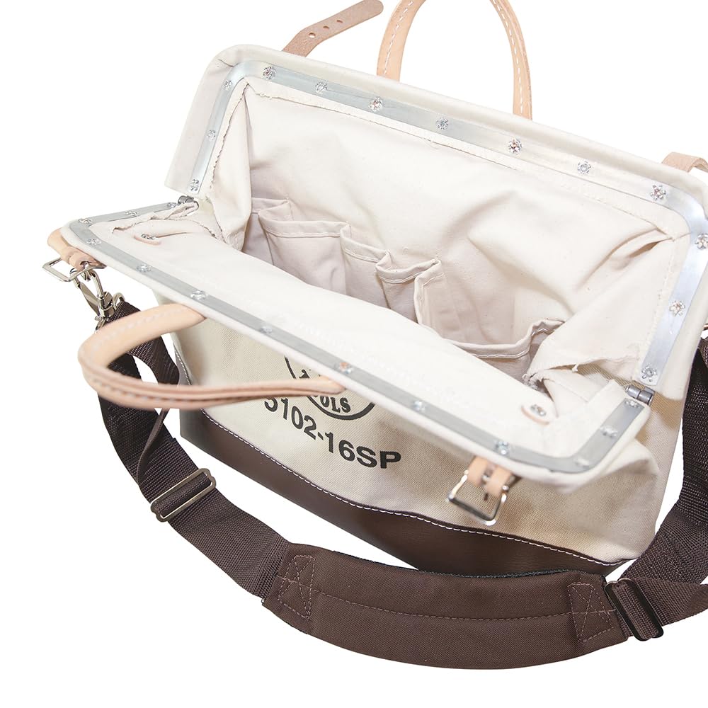 Klein Tools 5102-16SP Deluxe Canvas Tool Bag Made of Natural Canvas with 13 Interior Pockets and Detachable Shoulder Strap, 16-Inch