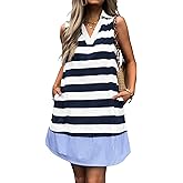 Mieazom Women Summer Tunic Dress V Neck Sleeveless Striped Casual Sundress Loose Flowy Swing Shift Dress with Pockets